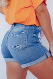 Short en jean taille haute effet vieilli bleu ciel avec poche