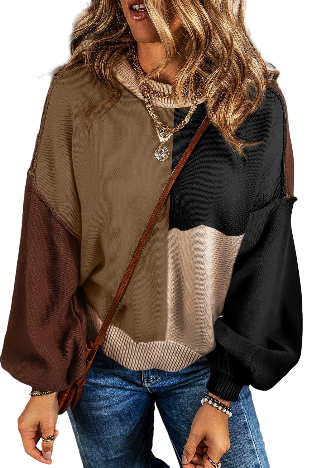 Coffee Colorblock Bishop Sleeve Ribbed Trim Sweater