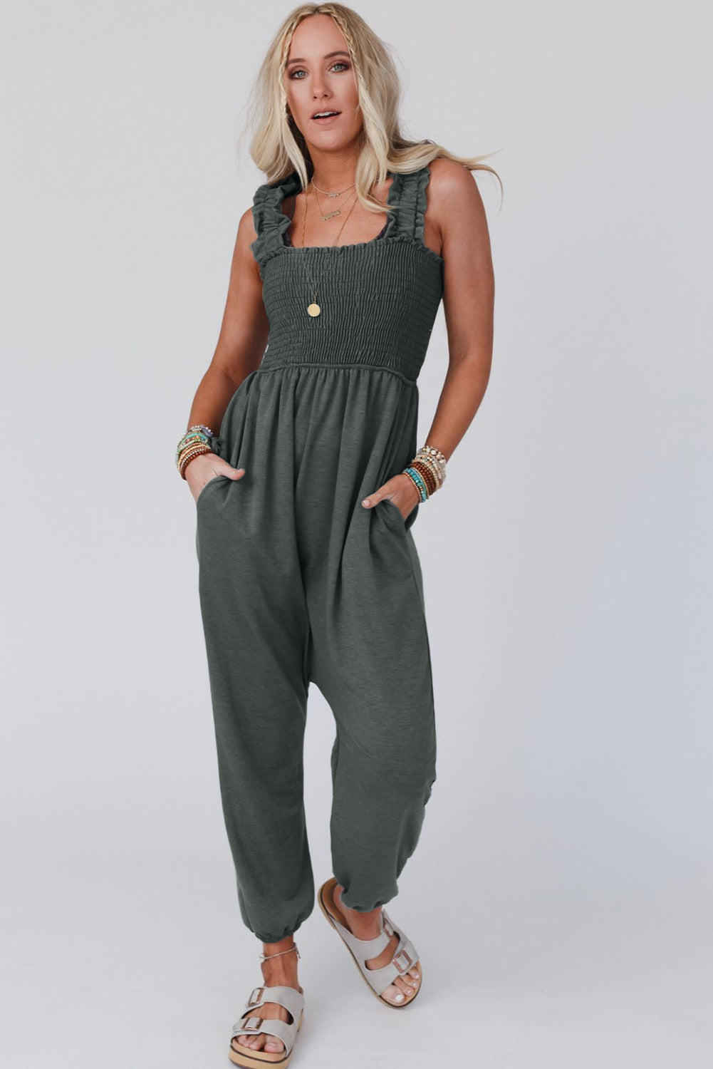 Smocked Ruffled Straps High Waist Sleeveless Jumpsuit