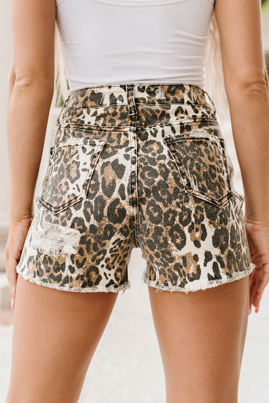 Leopard Print Ripped Denim Shorts