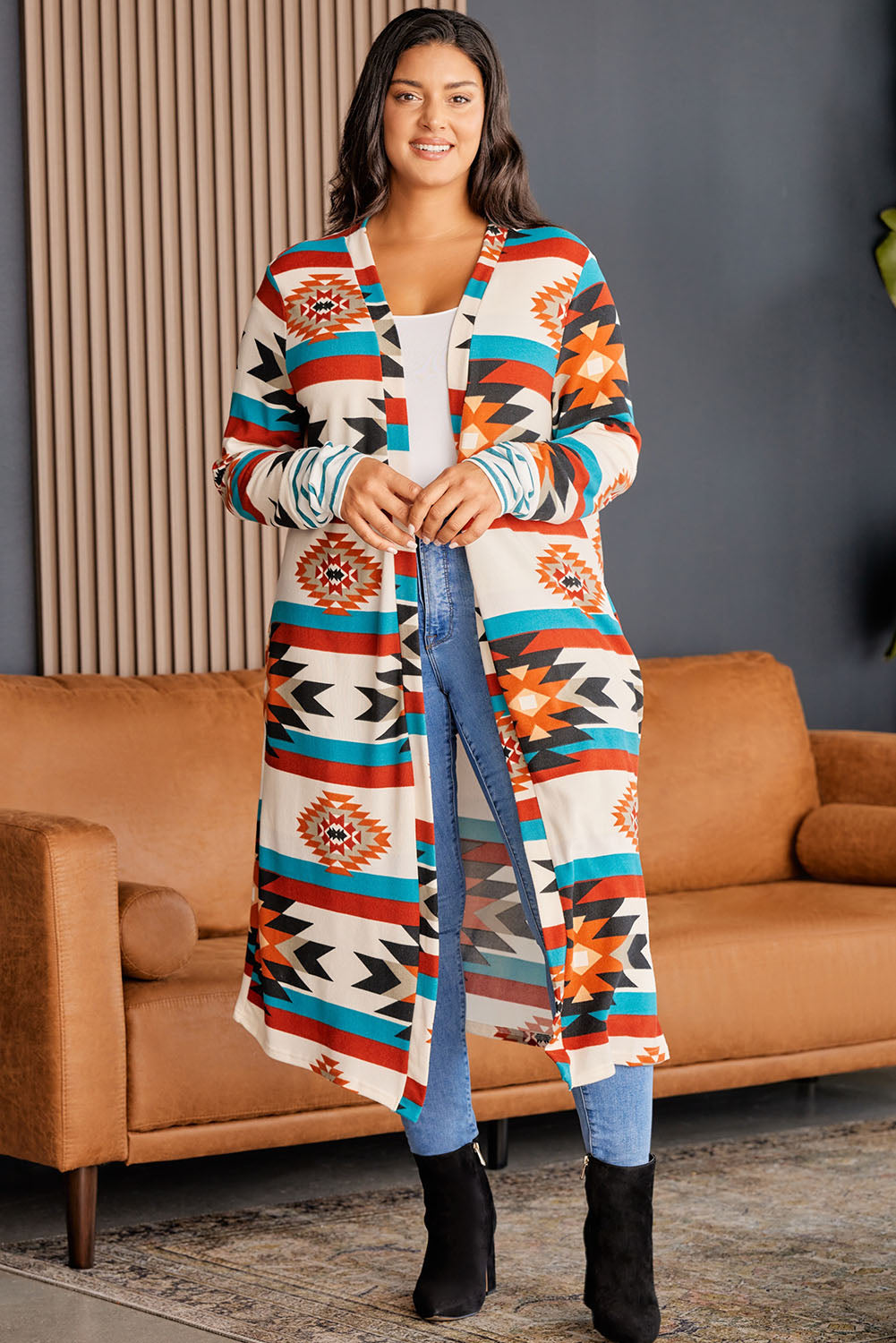 Plus Size Geometric Print Open Front Long Cardigan