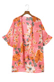 Kimono rose imprimé floral à volants et manches 3/4, coupe ample