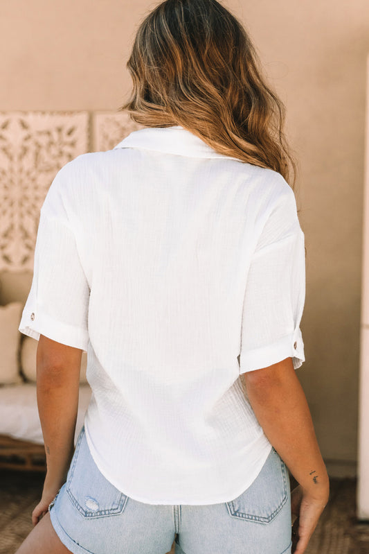 Textured Knotted Button-up Half Sleeve Shirt