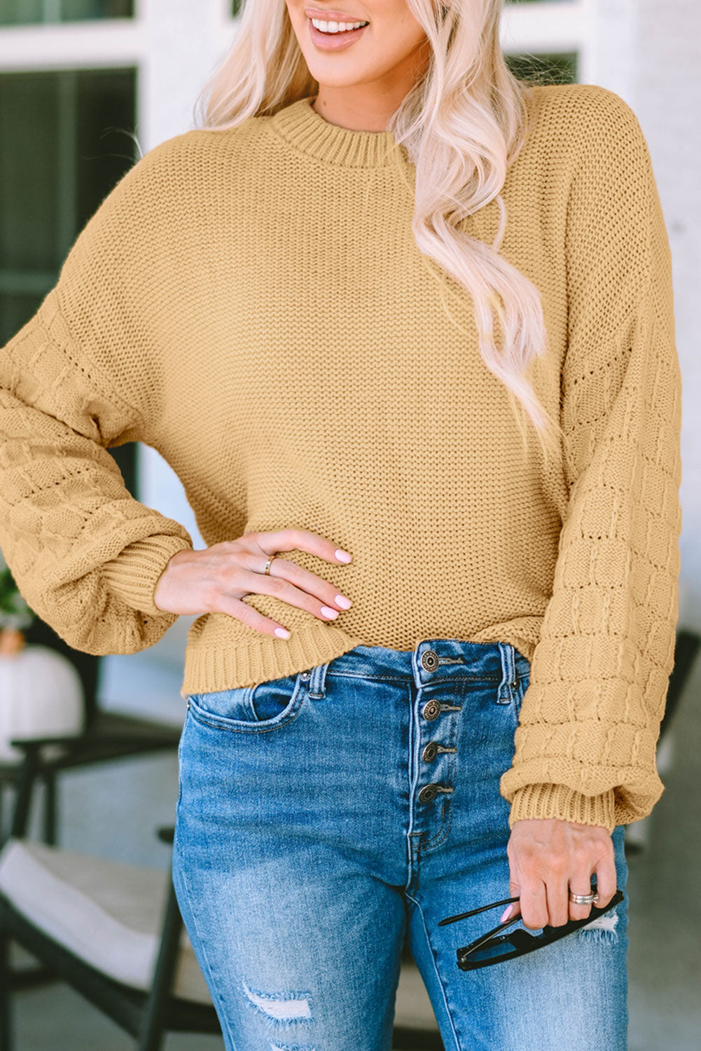 Hollowed Bubble Sleeve Knit Sweater