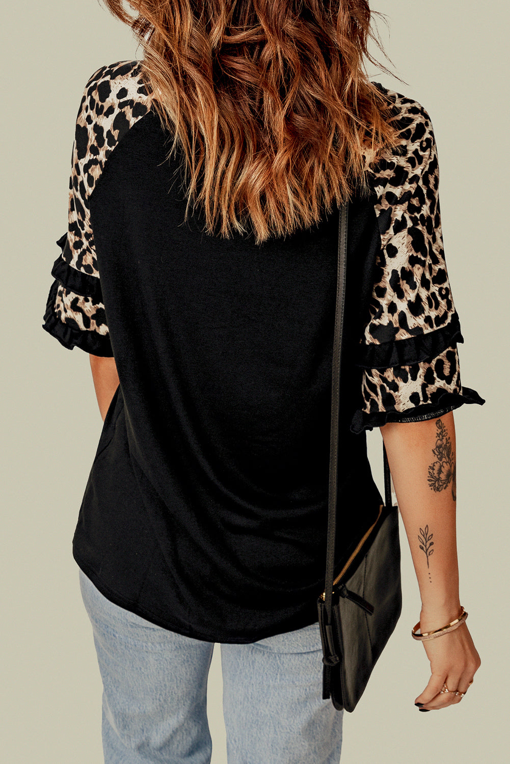 Ruffled Leopard Sleeve Patchwork Top