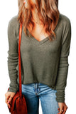 Loose Ribbed Knit V Neck Long Sleeve Top