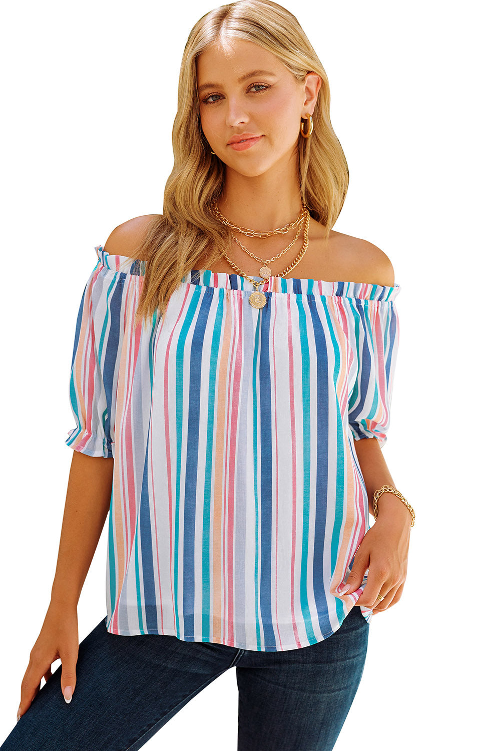 Off The Shoulder Rainbow Striped Top