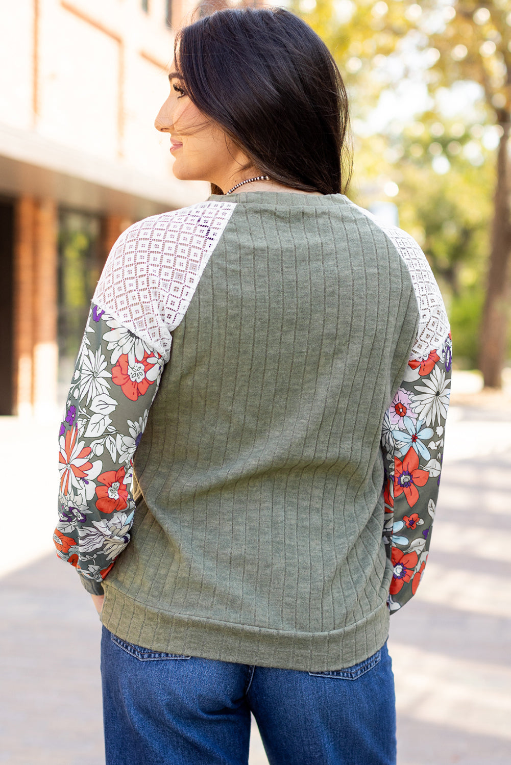 Black Floral Patchwork Long Sleeve Ribbed Blouse