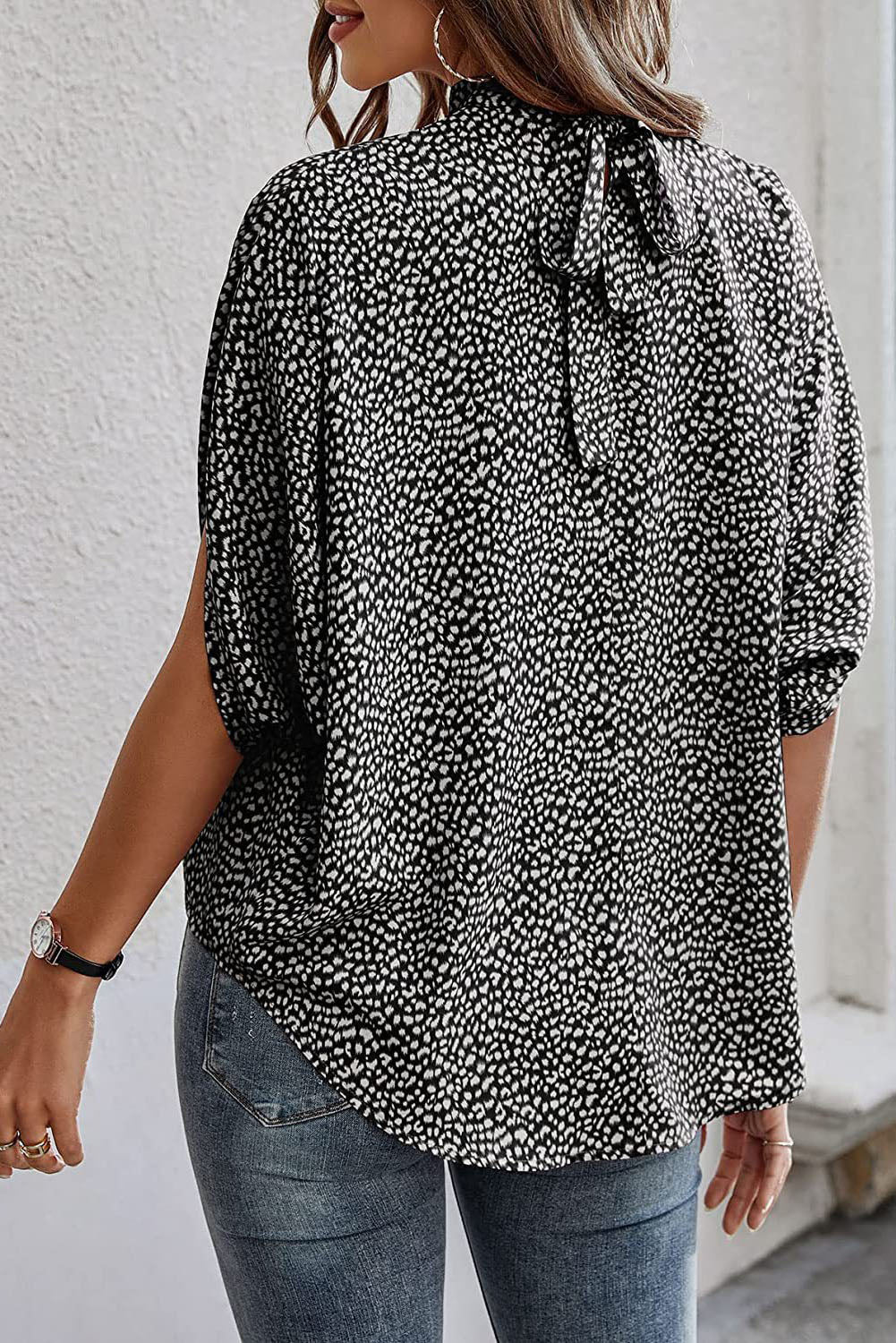 Oversized Leopard Ruched Batwing Sleeve Blouse