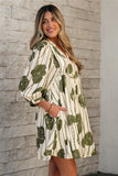 Guacamole Green Floral Striped Print Contrast Piping Puff Sleeve Dress