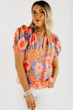 Floral Bubble Sleeve V-Neck Plus Size Blouse