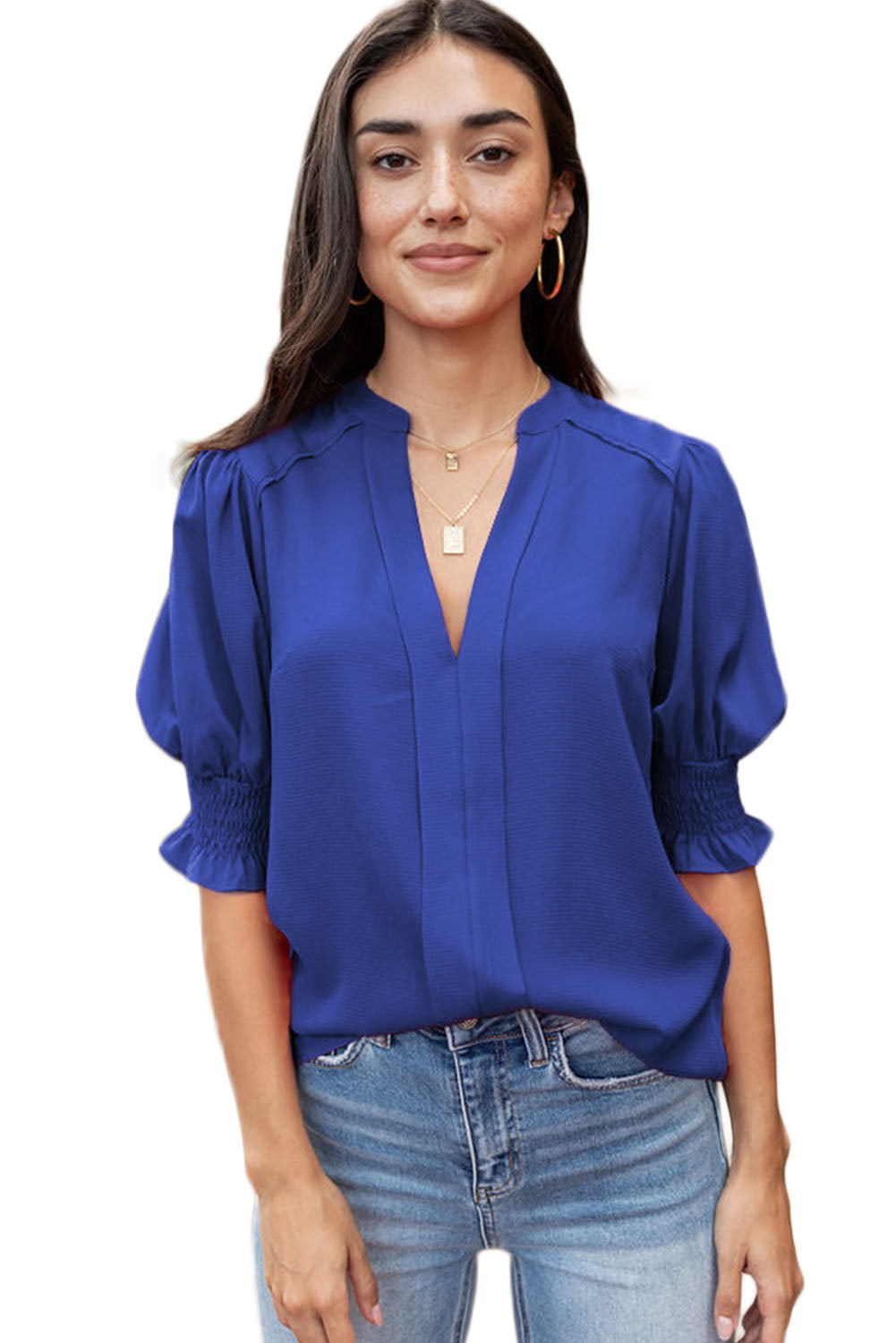 Solid Color Half Sleeve V Neck Blouse