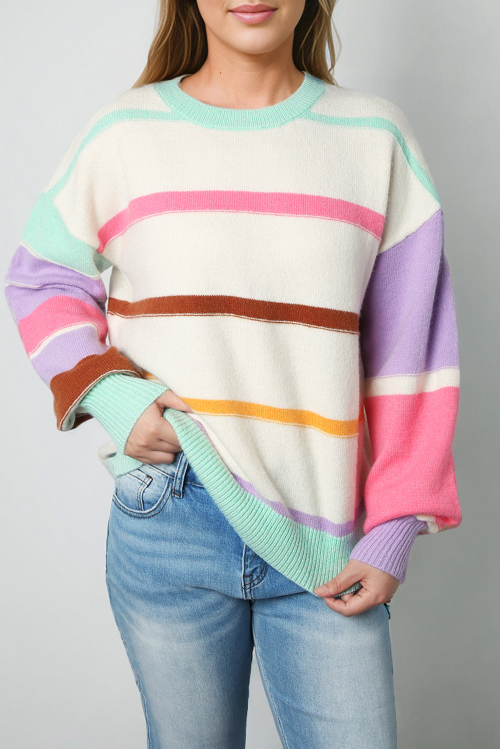 Striped Colorblock Drop Shoulder Sweater