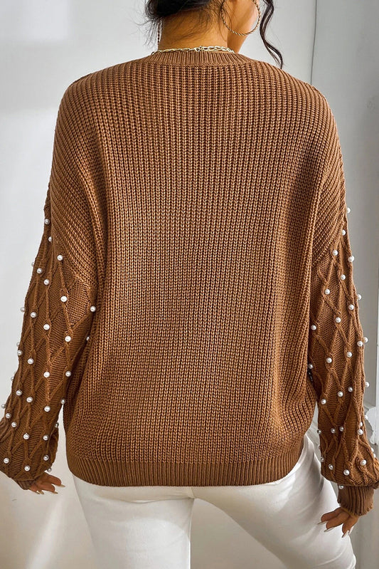 Chestnut Beaded Drop Shoulder Round Neck Sweater