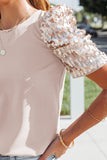 Ruched Sequin Sleeve Crew Neck Top