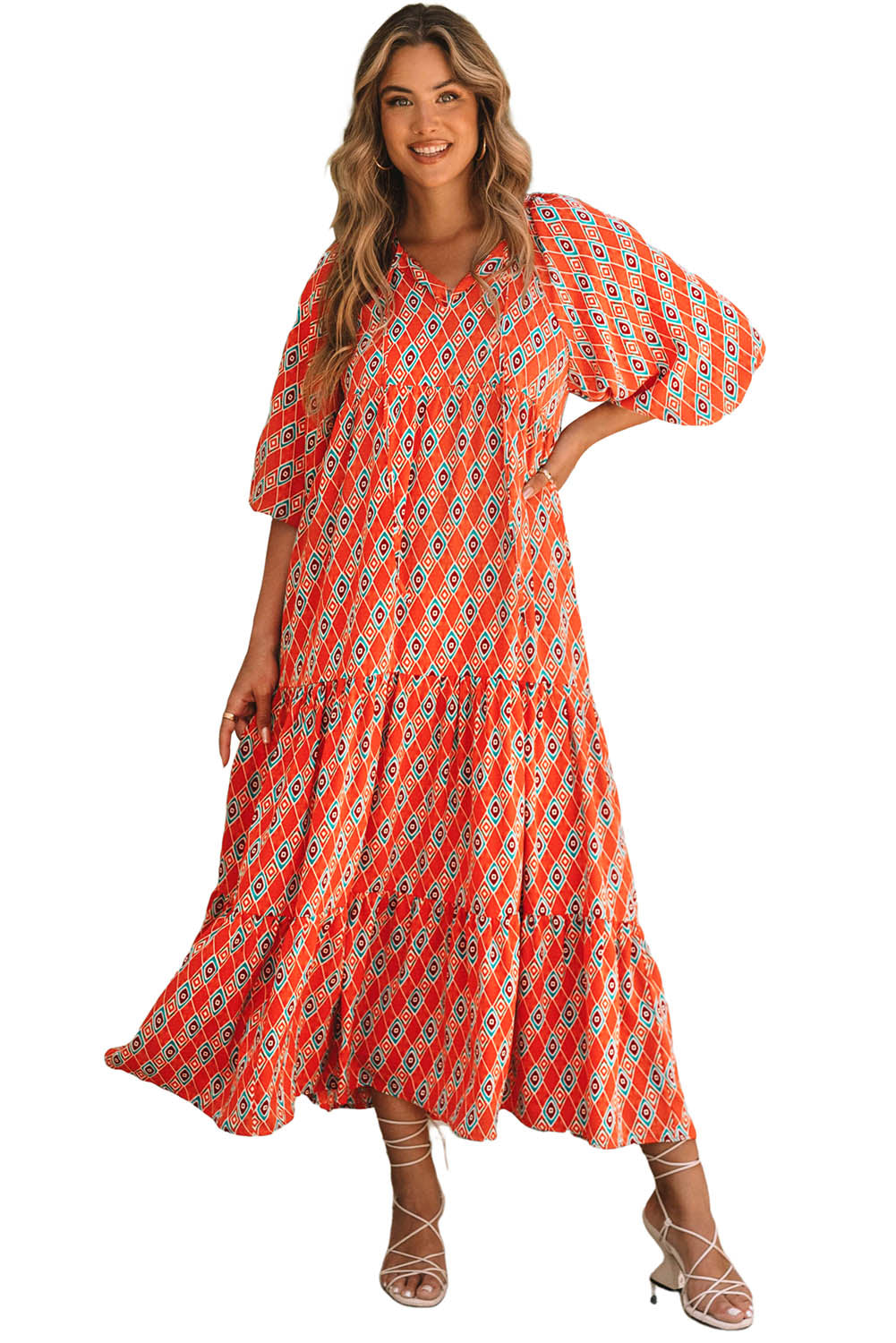 Ethnic Geometry Print Bubble Sleeve Maxi Dress