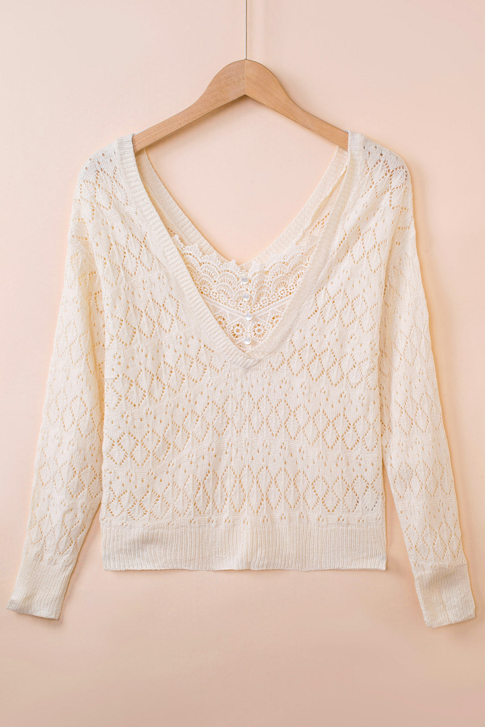 Pull en tricot creux en dentelle boutonnée beige