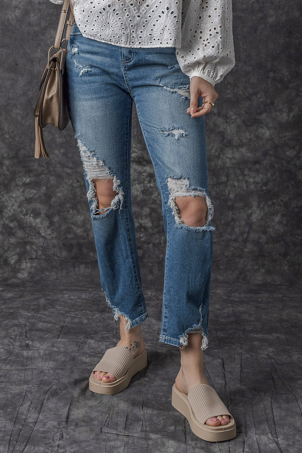 Sky Blue Ripped Knee Hole High Waist Jeans