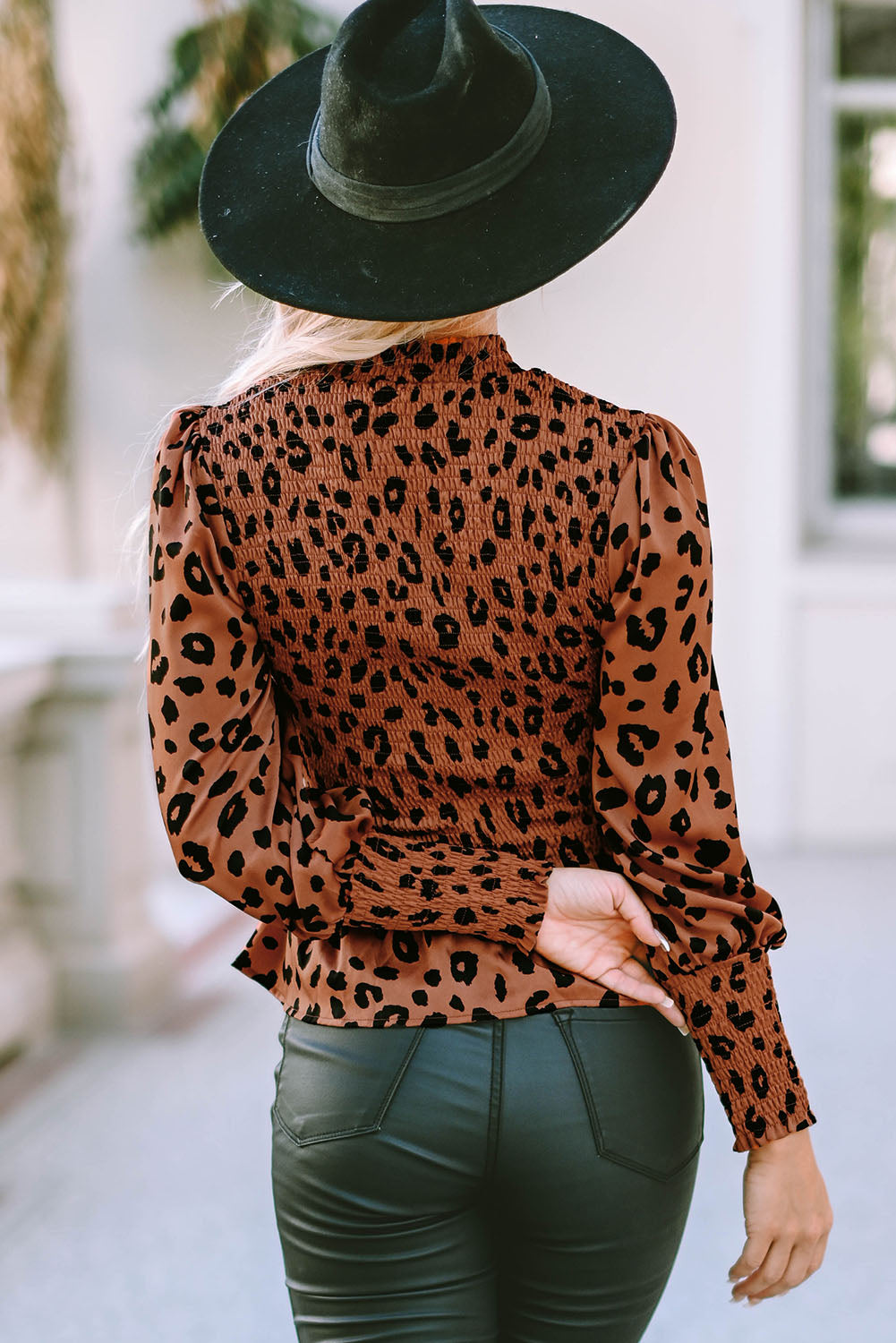 Leopard Smocked Puff Sleeve Peplum Top