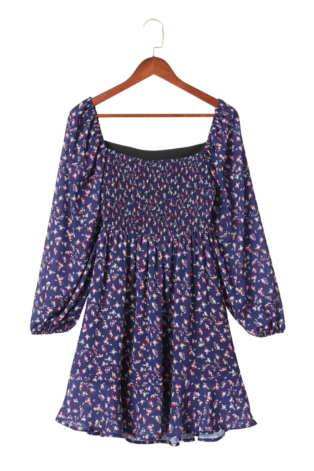 Robe bleue smockée à imprimé floral et manches bouffantes à col carré