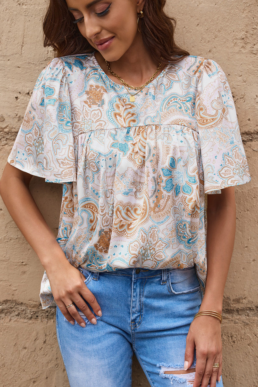 Paisley Print Wide Sleeves Loose Blouse