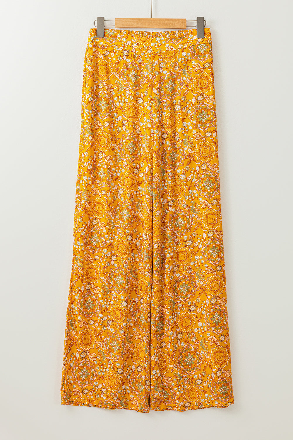 Pantalon large à poches et imprimé floral bohème jaune 