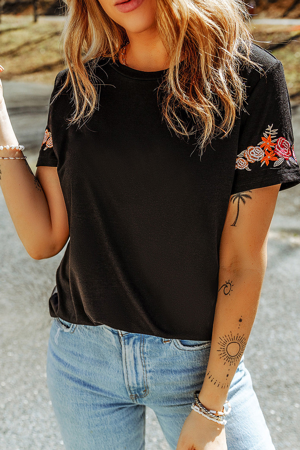 Floral Embroidered Round Neck Short Sleeve T Shirt