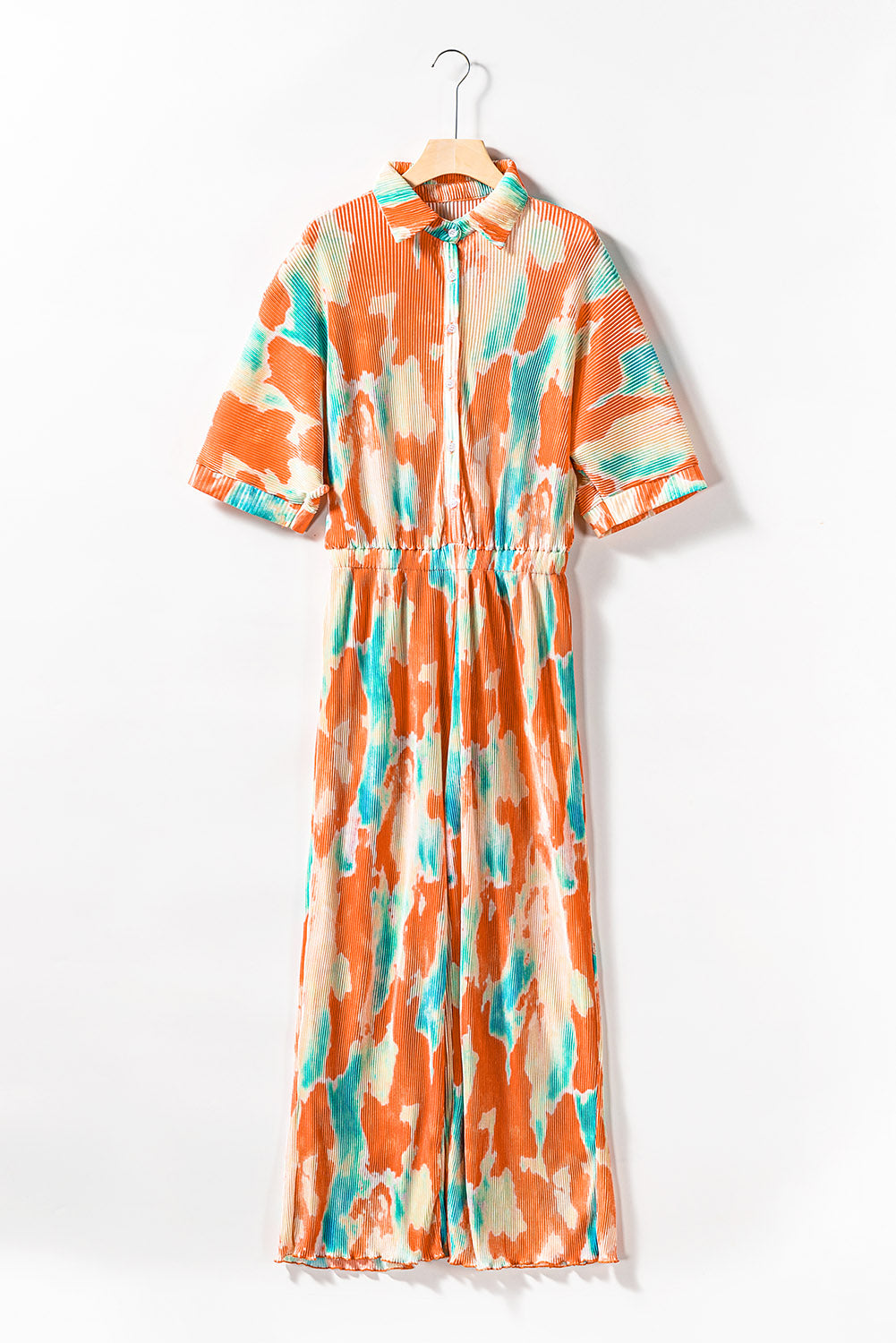 Bohemian Tie Dye Pleated Shirt Collar Loose Jumpsuit