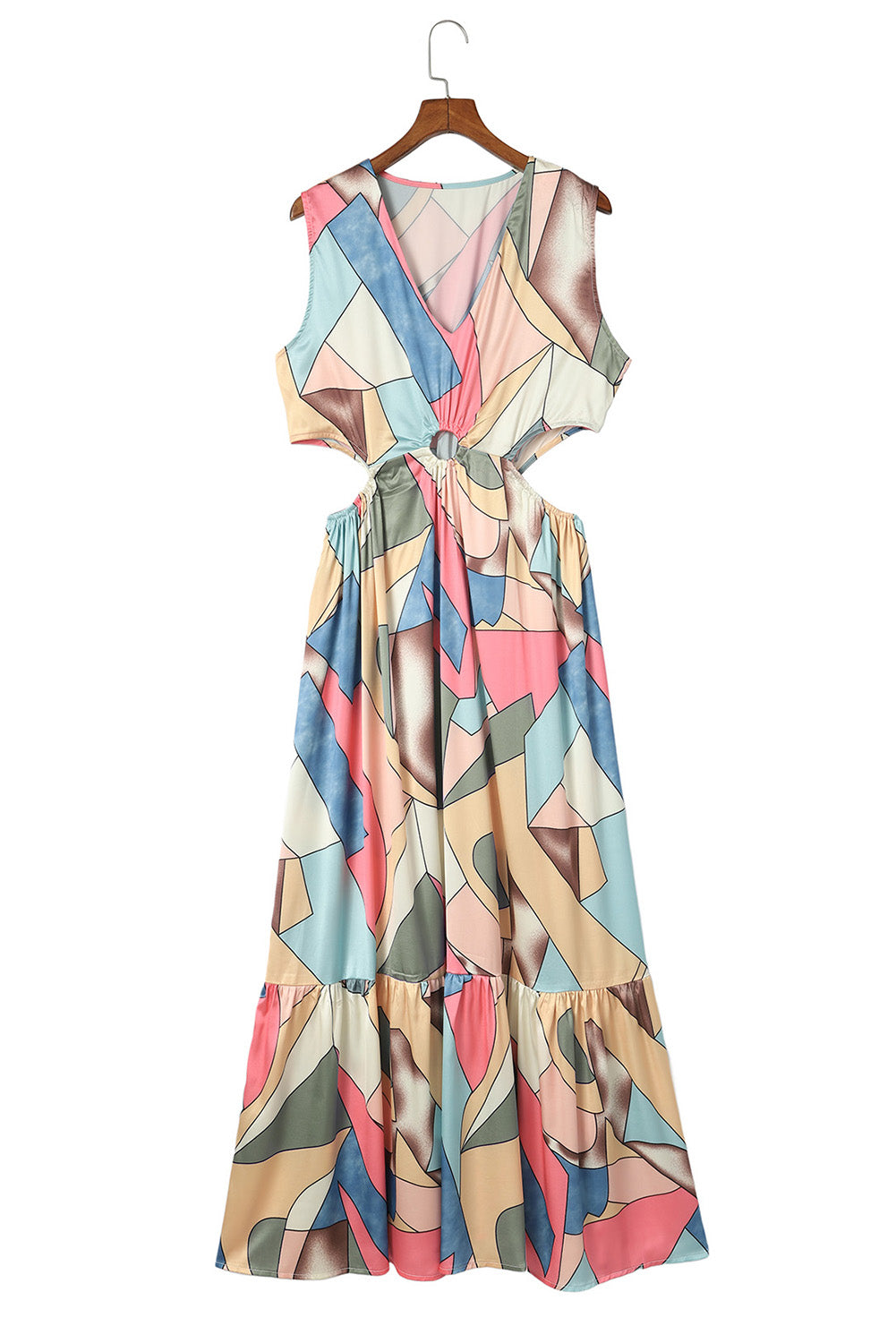 Abstract Print O-ring Cut out Long Sleeve Maxi Dress