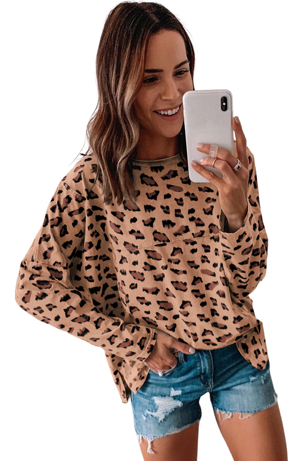 Pink Animal Print Stitching Loose Long Sleeve Top