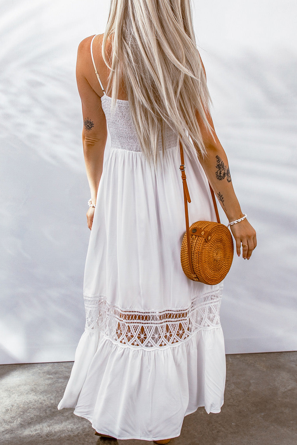 Lace Splice Button Decor Spaghetti Strap Maxi Dress