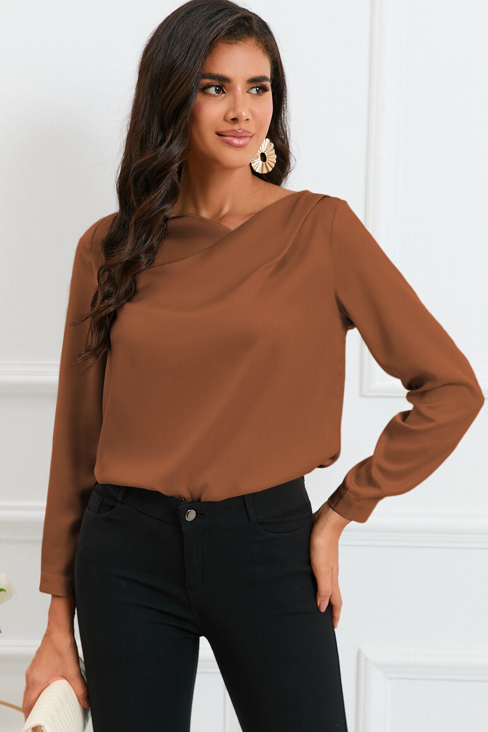 Solid Asymmetric V Neck Long Sleeve Satin Blouse