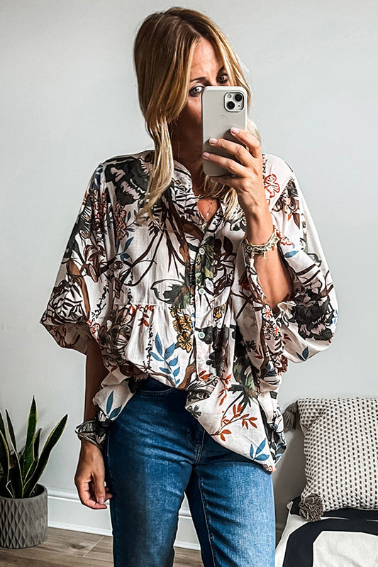 White Floral Print Balloon Sleeves Button Up Loose Casual Shirt