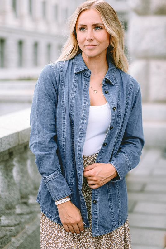 Veste chemise en jean boutonnée à manches longues bleu ciel