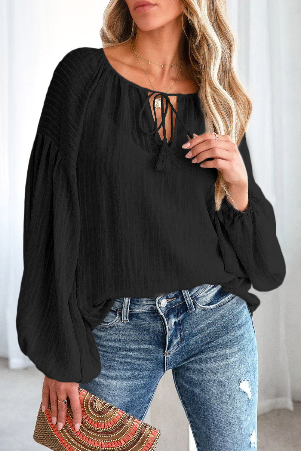 Blue Lantern Sleeve Stripe Tassel Drawstring Blouse