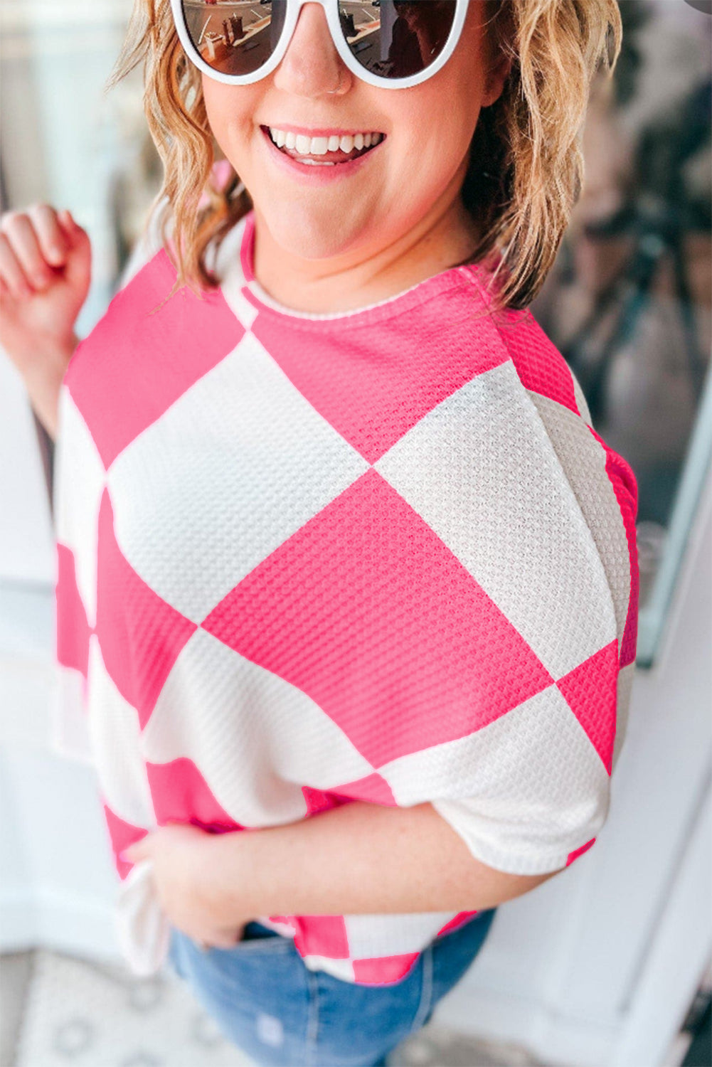 White Textured Checkerboard Round Neck Plus Size T Shirt