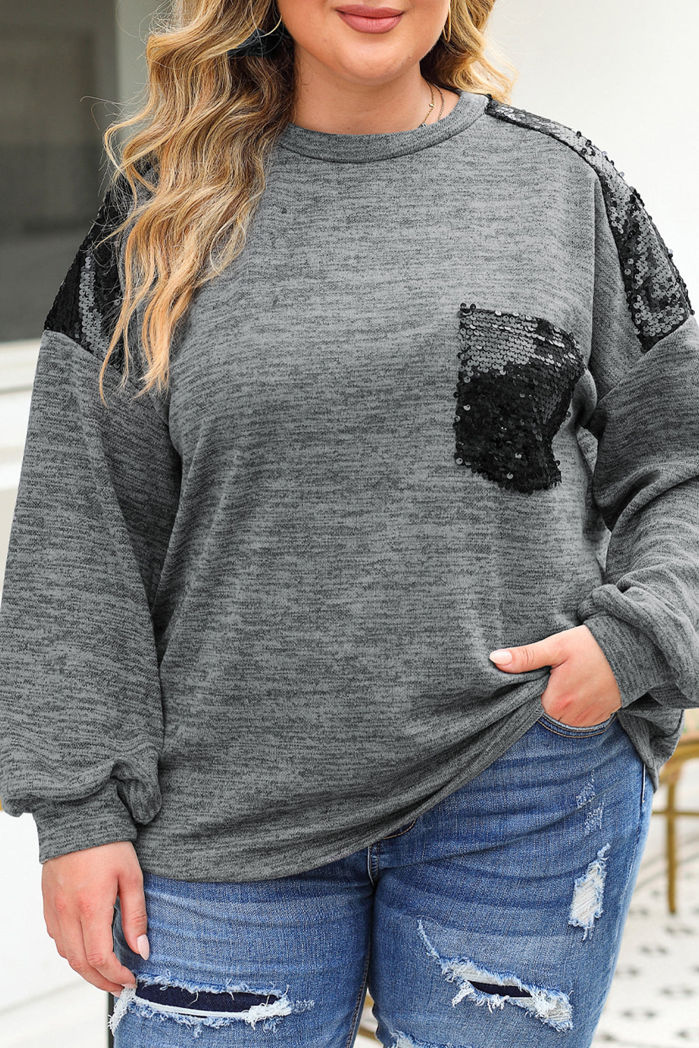 Sequin Patchwork Long Sleeve Plus Size Top