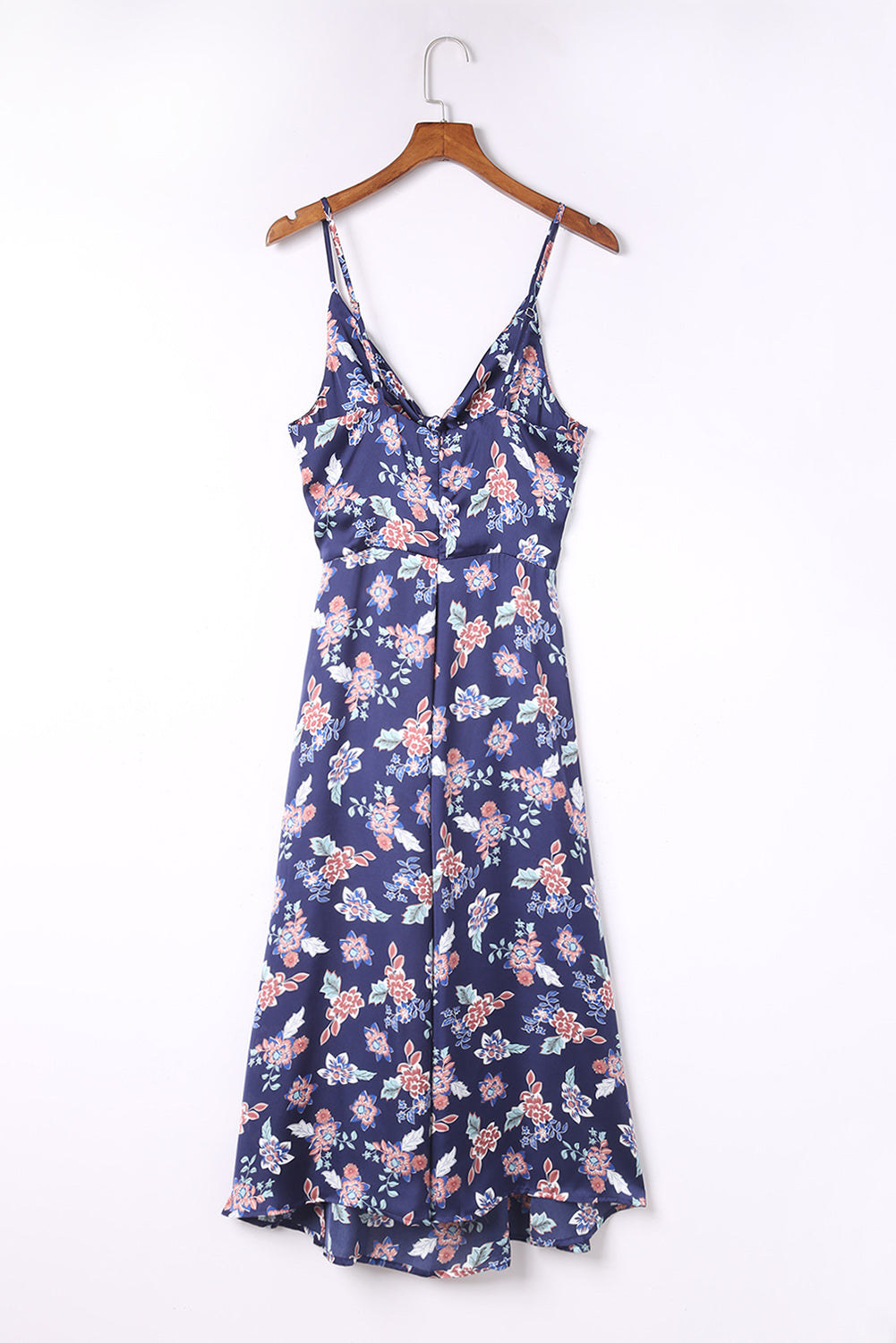 Robe longue bleue à imprimé floral avec nœud sur le buste et fente