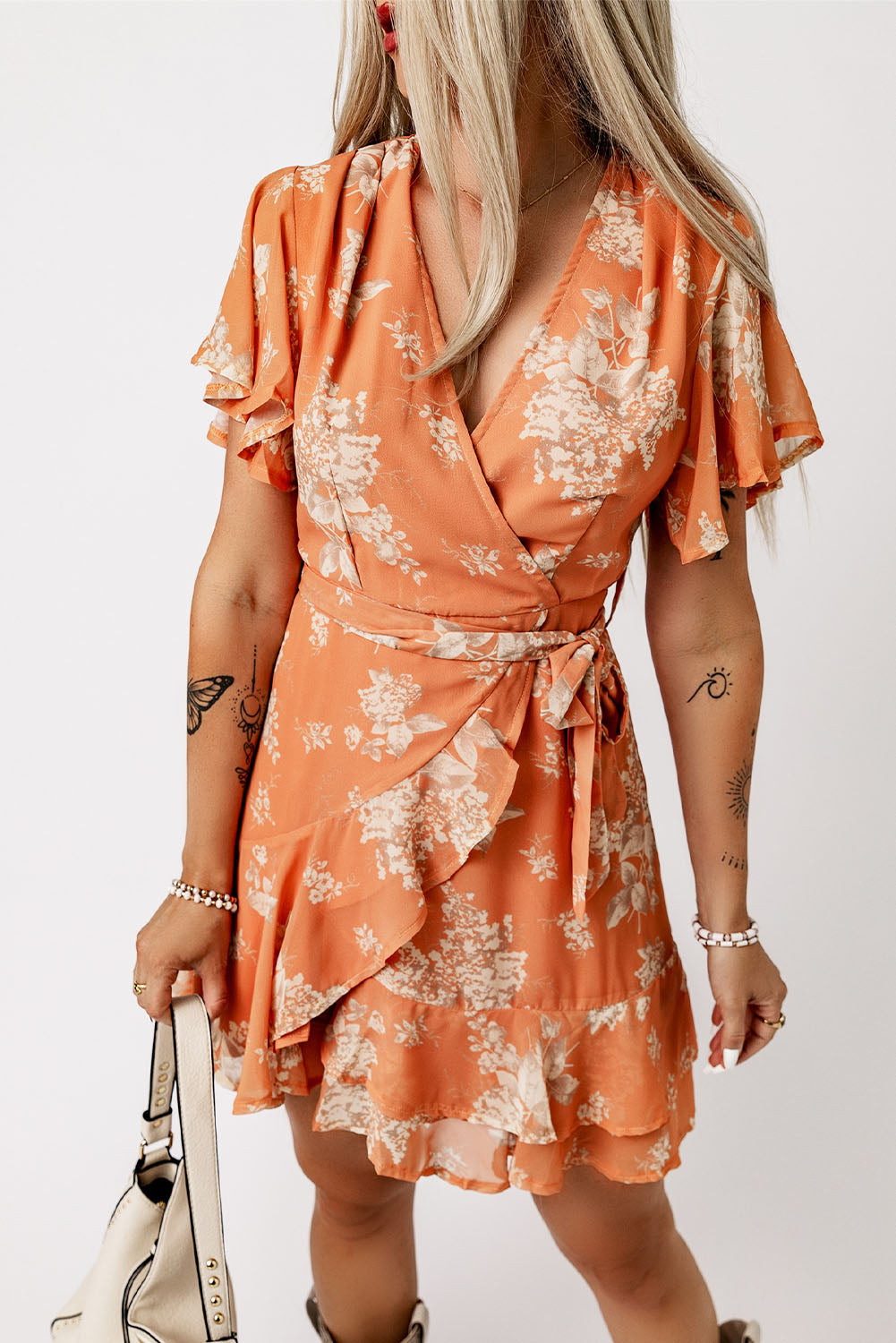 Wrapped V Neck Flutter Sleeve Floral Dress with Ruffle