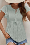 Jacquard Eyelets Lace-up Ruffled Short Sleeve Blouse