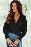 Black Solid Surplice Neck Shirred Cuffs Draped Blouse