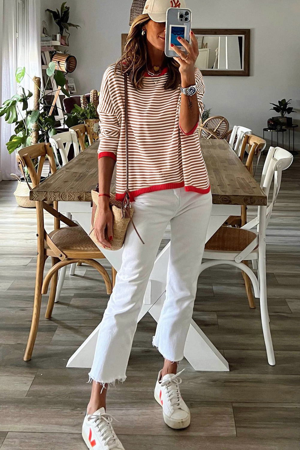 Contrast Trimmed Striped Drop Shoulder Sweater