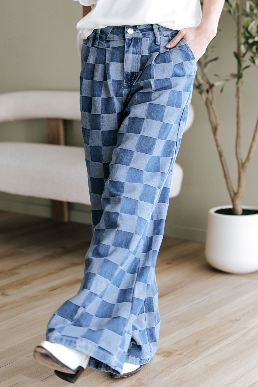 Dusk Blue Checkered Denim Wide Leg Jeans