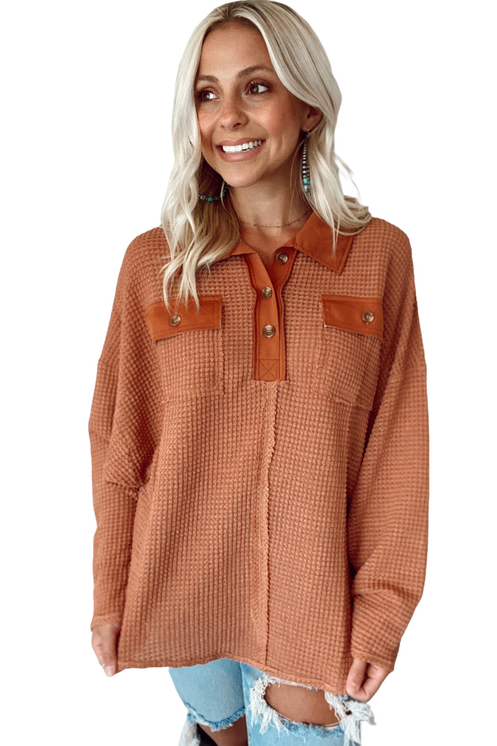 Waffle Knit Button Contrast Trim Long Sleeve Top