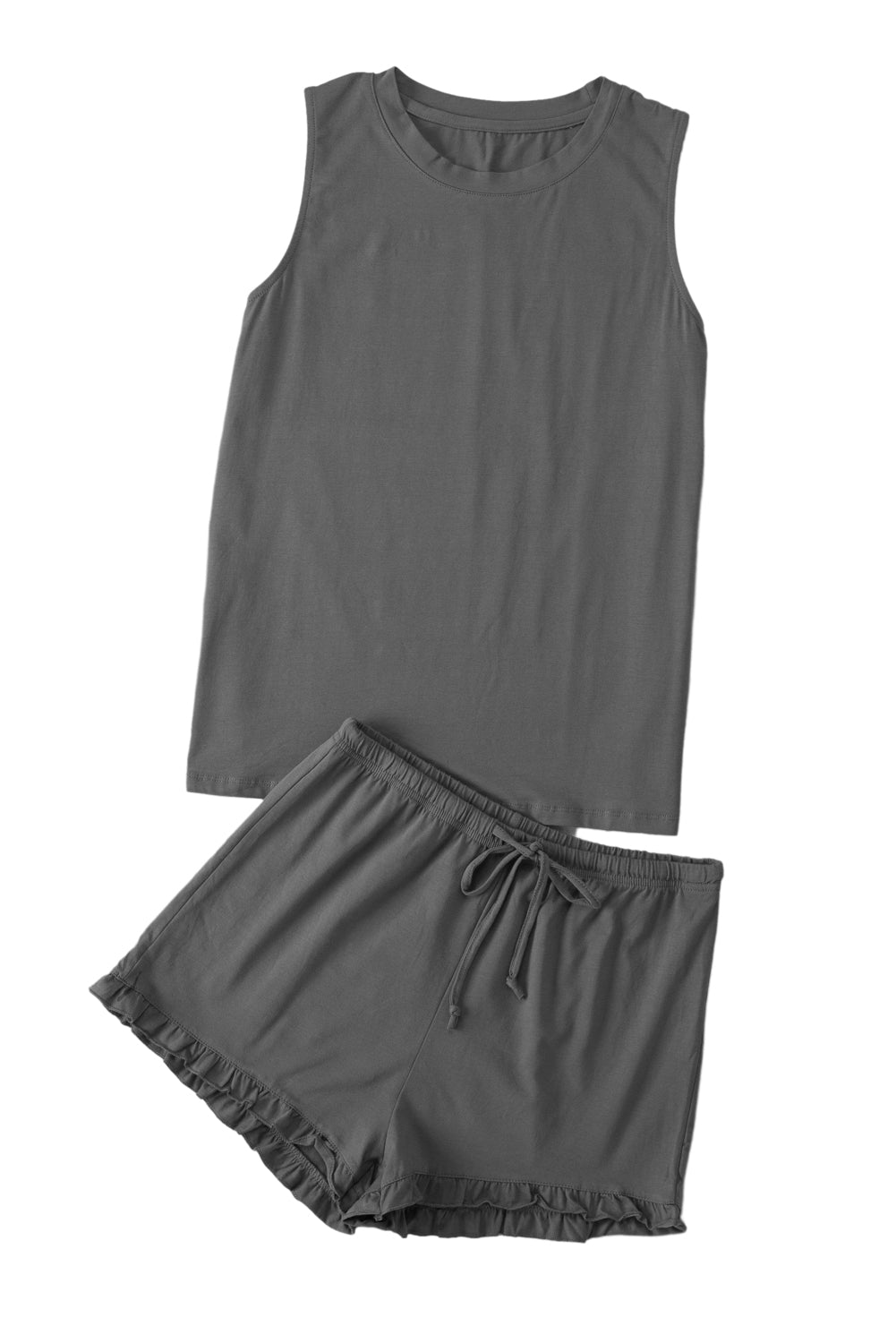 Dark Gray Crew Neck Tank and Drawstring Ruffled Shorts Lounge Set