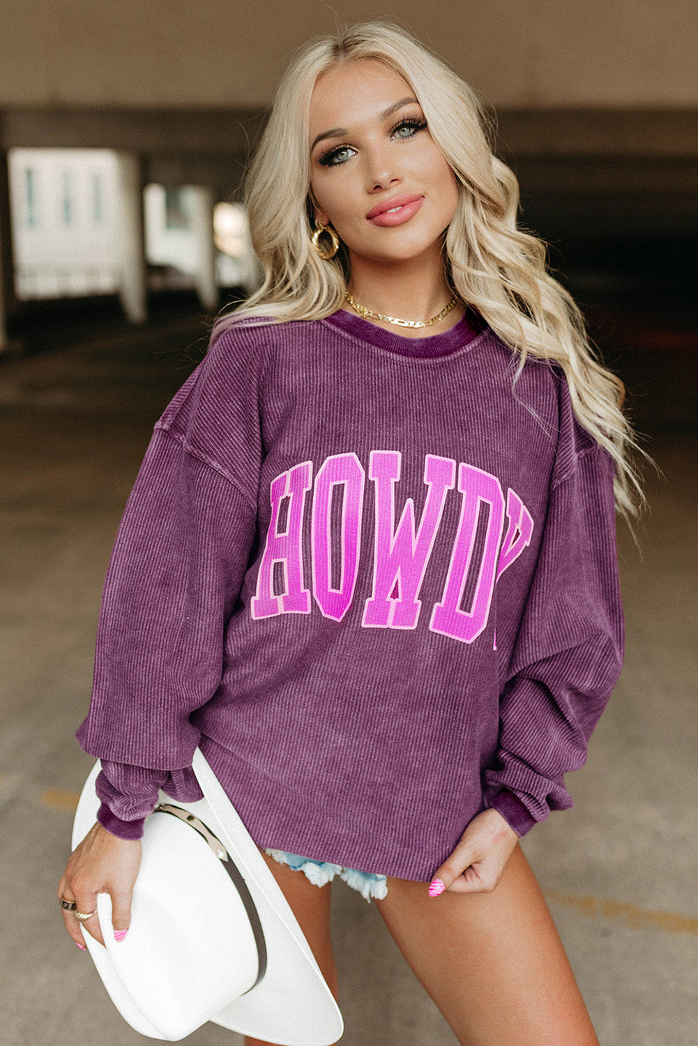 HOWDY Graphic Print Ribbed Casual Sweatshirt