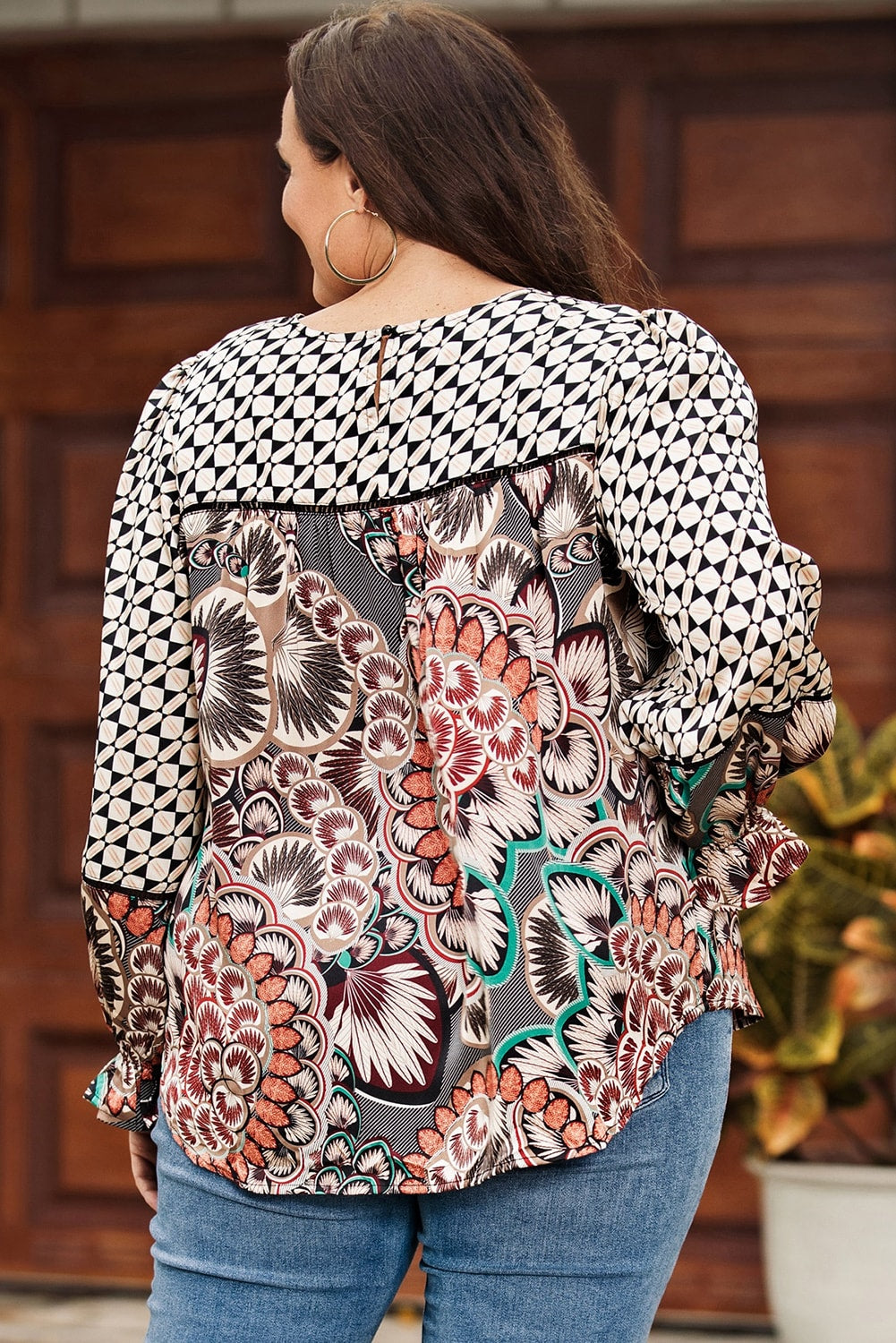 Mixed Floral Geometric Print Ruffled Long Sleeve Blouse