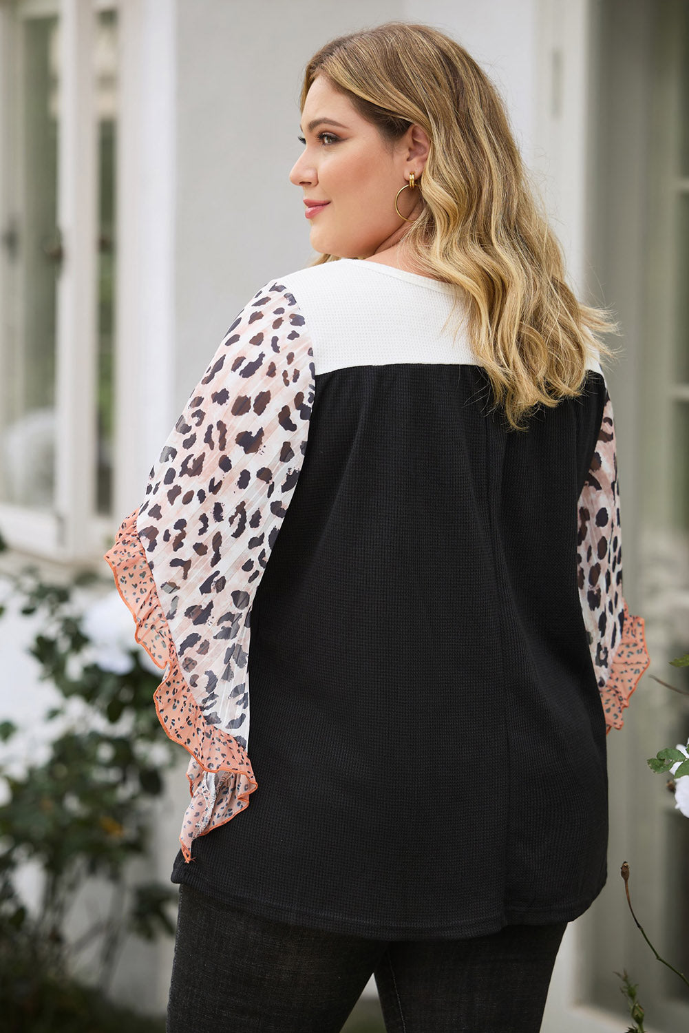 Waffle Knit Animal Print Ruffle Sleeves Plus Size Top