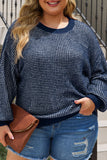 Blue Heathered Knit Drop Shoulder Puff Sleeve Sweater