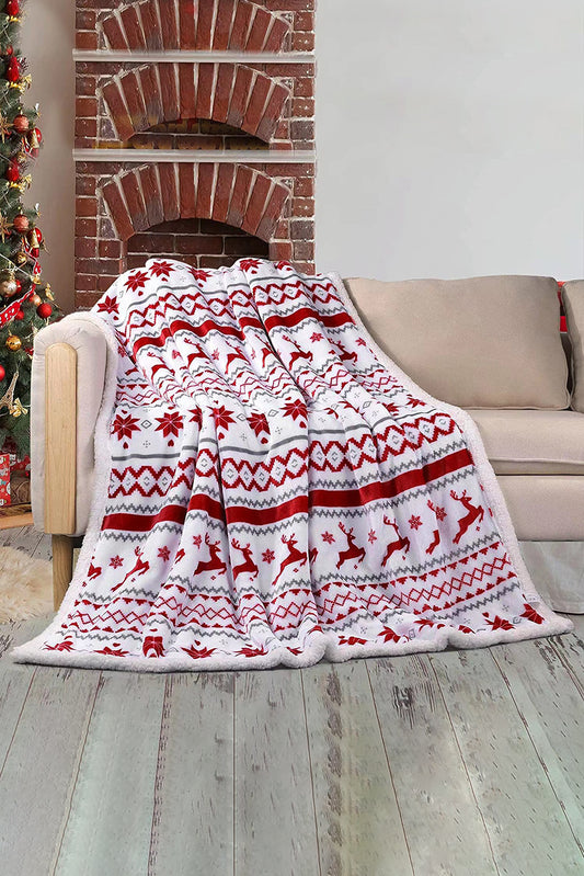 White Christmas Reindeer Snowflake Printed Sherpa Blanket